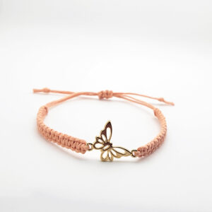 Gold butterfly hemp bracelet in peach cord, handmade adjustable faith bracelet by Faith & Fiber Studio