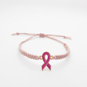 Pink ribbon hemp bracelet in blush cord with gold trim, handmade adjustable breast cancer awareness bracelet by Faith & Fiber Studio