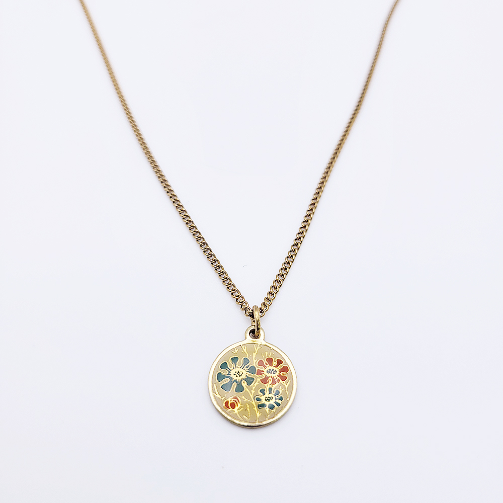 vintage gold cloisonne coin necklace floral pendant 18 inch gold curb chain
