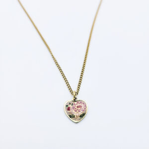vintage gold cloisonné heart necklace with floral pendant on gold curb chain