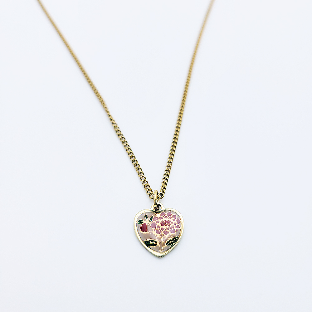 vintage gold cloisonné heart necklace with floral pendant on gold curb chain