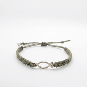 Olive green hemp bracelet with silver Jesus fish charm, handmade adjustable Christian faith bracelet by Faith & Fiber Studio