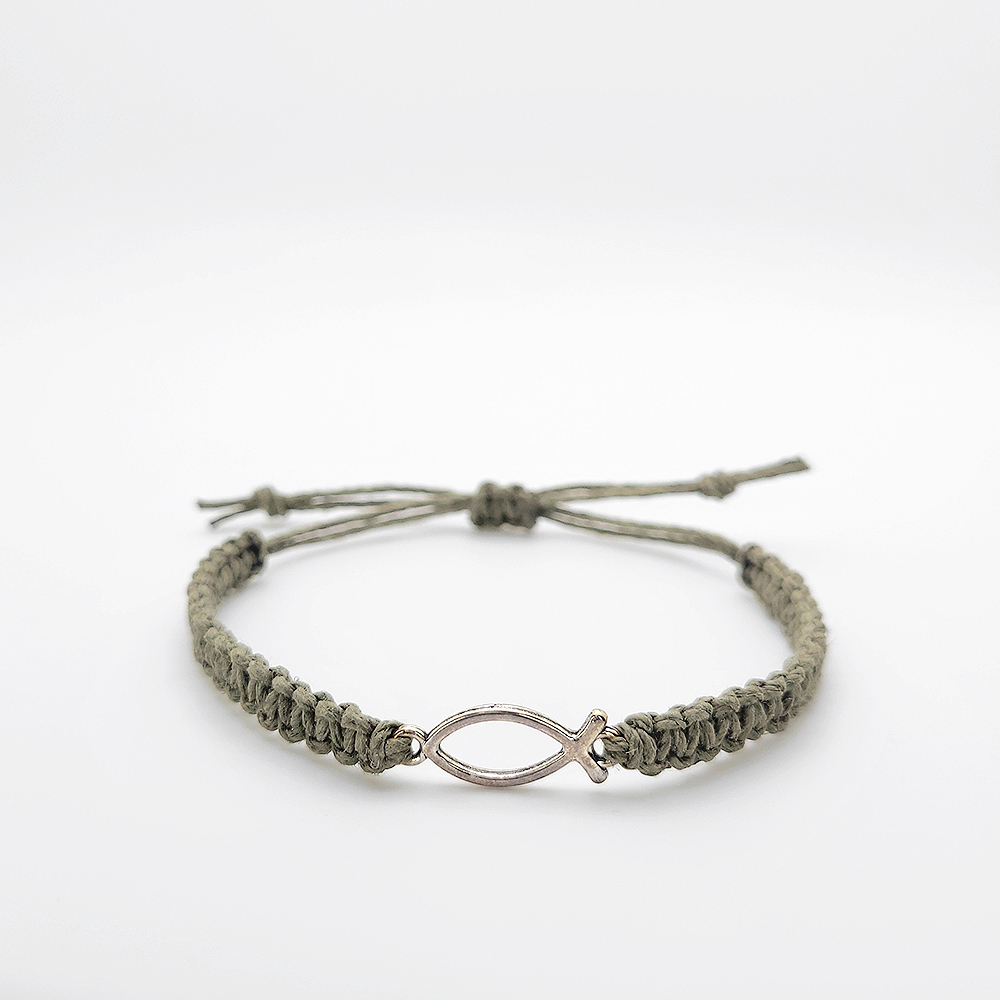 Olive green hemp bracelet with silver Jesus fish charm, handmade adjustable Christian faith bracelet by Faith & Fiber Studio