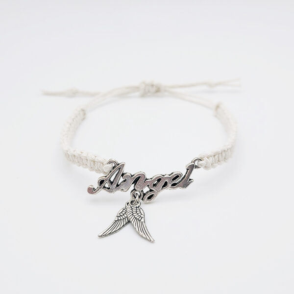 Handmade angel wings bracelet with silver “Angel” charm on white adjustable hemp cord, minimalist faith jewelry gift