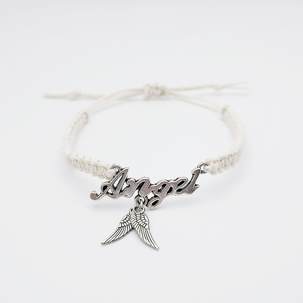 Handmade angel wings bracelet with silver “Angel” charm on white adjustable hemp cord, minimalist faith jewelry gift