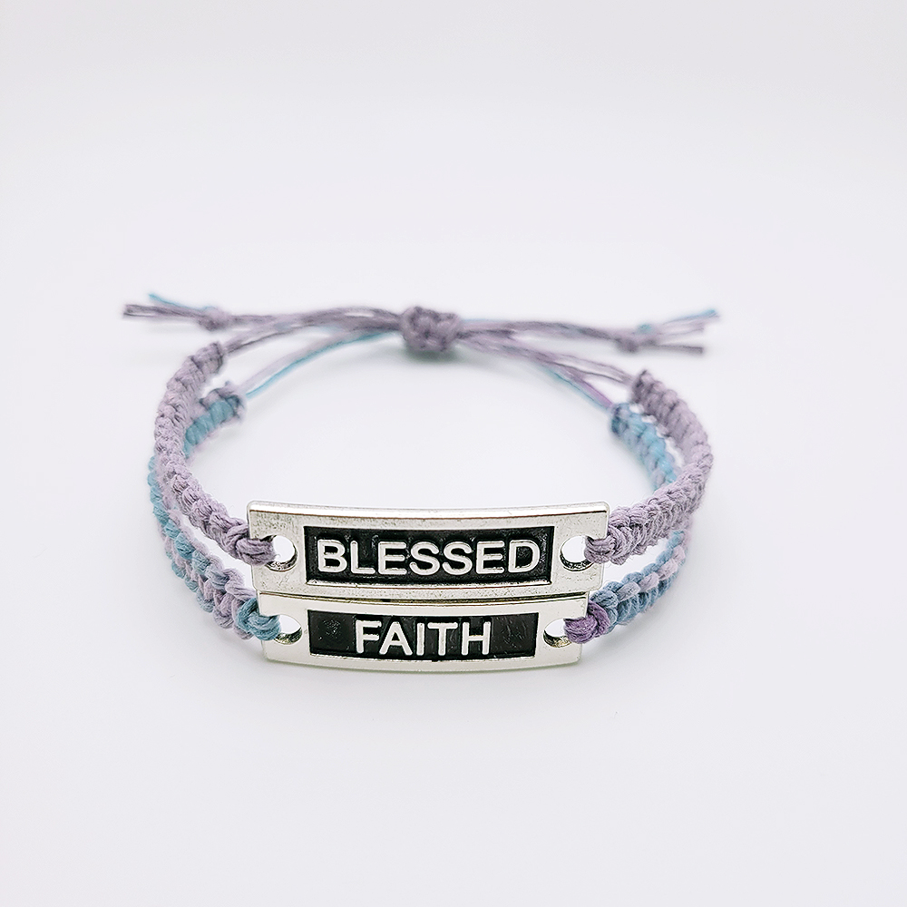 Lilac hemp “Blessed” bracelet layered with matching faith bracelet, minimalist stackable Christian jewelry