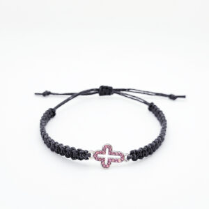 Dark gray hand-knotted hemp bracelet with rhinestone cross charm in pink, white, or blue, faith-inspired jewelry