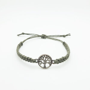 handmade tree of life hemp bracelet in olive green cord with silver tree charm on white background
